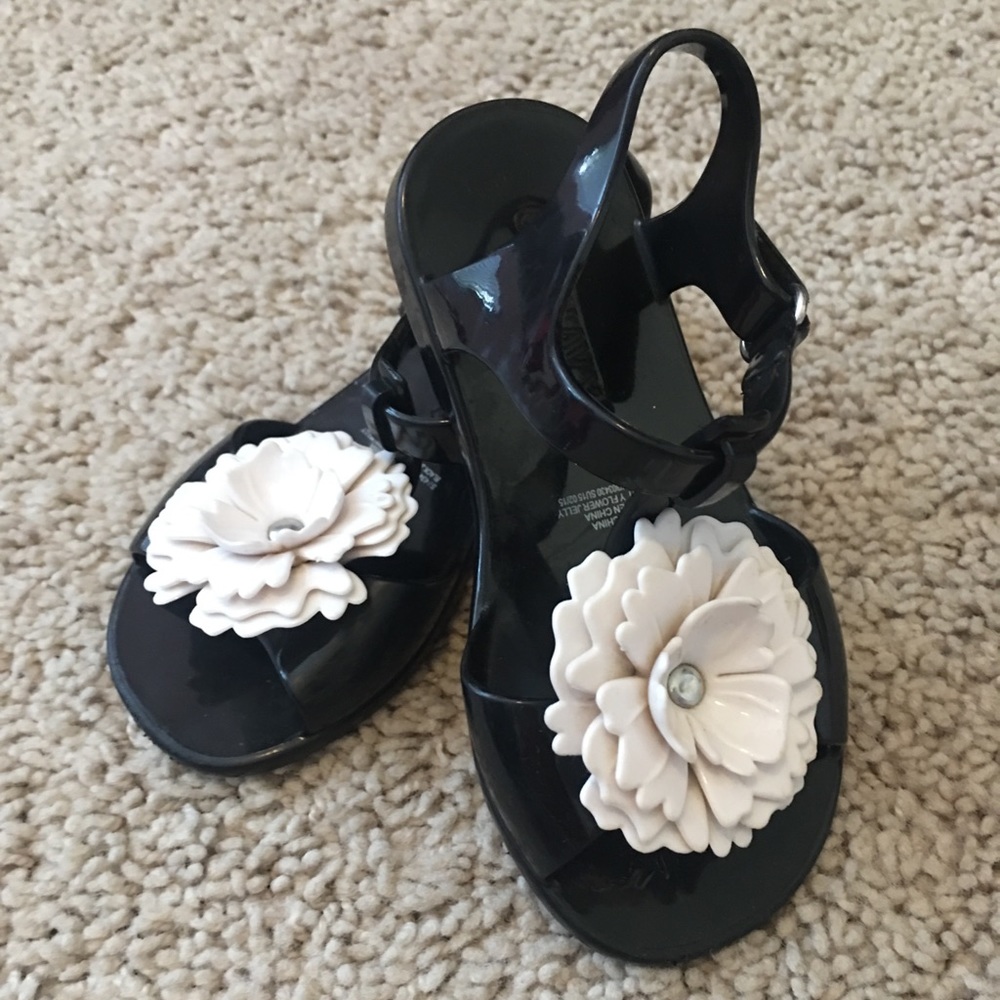 Black and white t-strap sandals